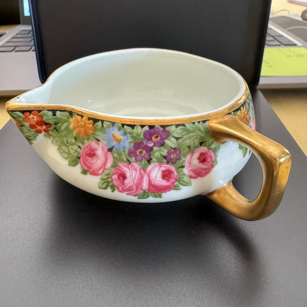 Floral Gold-Handled Porcelain Creamer - Pink Rose Pattern